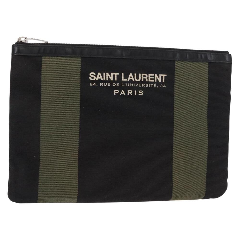 SAINT LAURENT Clutch Bag Canvas Leather Black Khaki Silver Auth mr1652 - Picture 1 of 16